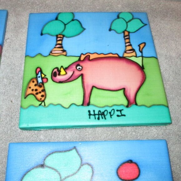 4X Lot African Painted Silk Ceramic Tiles Safari Wall Art Signed Elephant Zebra - Picture 3 of 7